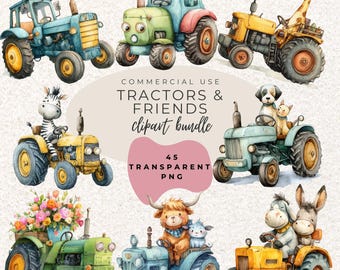 Tractor And Animal Friends Watercolour Clipart PNG  (Digital Download)