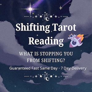 May include: A dark blue and purple image with the text "Shifting Tarot Reading." The image includes a rocket ship graphic and the question "WHAT IS STOPPING YOU FROM SHIFTING?" with star and moon graphics.