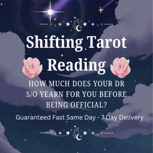 Op de afbeelding: Een digitale afbeelding met een donkerpaarse nachtelijke hemel als achtergrond, wolken, sterren en twee roze rozen. De tekst luidt: Shifting Tarot Reading, HOW MUCH DOES YOUR DR S/O YEARN FOR YOU BEFORE BEING OFFICIAL? Guaranteed Fast Same Day - 7 Day Delivery.