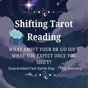Może przedstawiać: Grafika cyfrowa o tematyce niebiańskiej, z tekstem "Shifting Tarot Reading". Projekt zawiera gwiazdy, chmury i stylizowaną ilustrację. Tekst pyta: "WHAT ABOUT YOUR DR S/O ISN'T WHAT YOU EXPECT ONCE YOU SHIFT?"