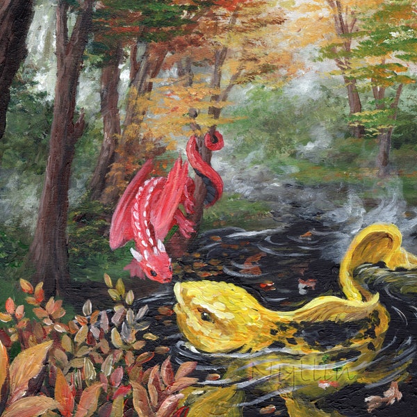 Catching up, PRINT, 4 x 5 Print, Dragon Painting, Misty Forest, Koi fish, Acrylic,