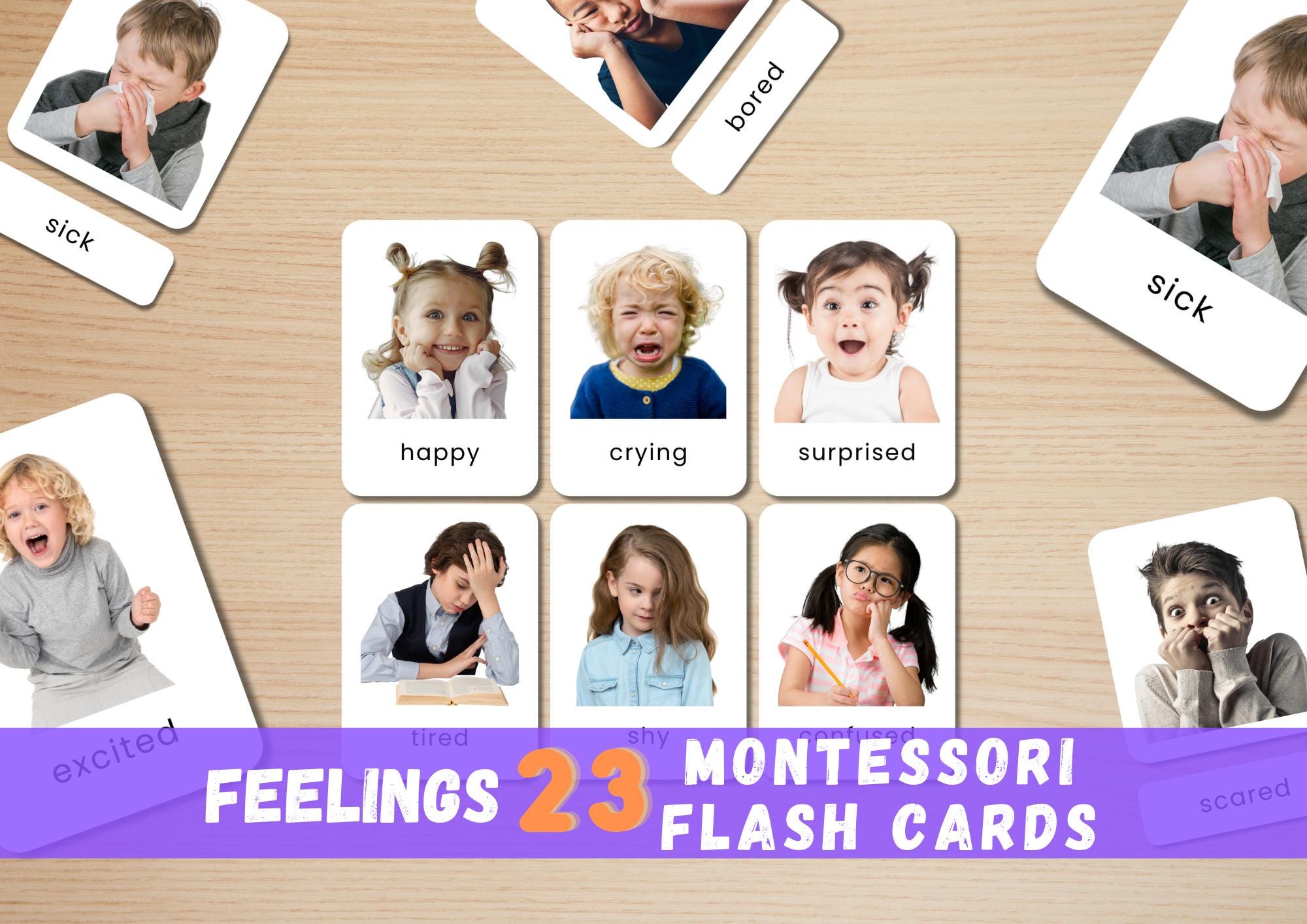 23 Emotion Flashcard, Feeling Flash Card, Montessori Printable Material, Kid Emotion Photo, Toddler Social Skill, Preschool Resource