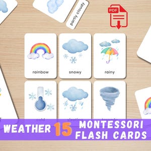 15 Flashcards de Clima para Crianças | Cartões Montessori em Aquarela | Ensolarado Chuvoso Nublado | Atividades de Aprendizagem para Imprimir | Download Instantâneo