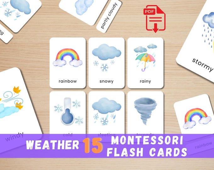 Watercolor Weather Flashcards: Montessori Learning Cards (Digital Download)