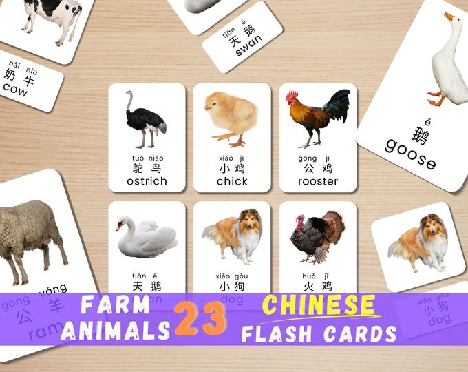 Chinese Farm Animals Flash Cards: Montessori Printable (Digital Download)