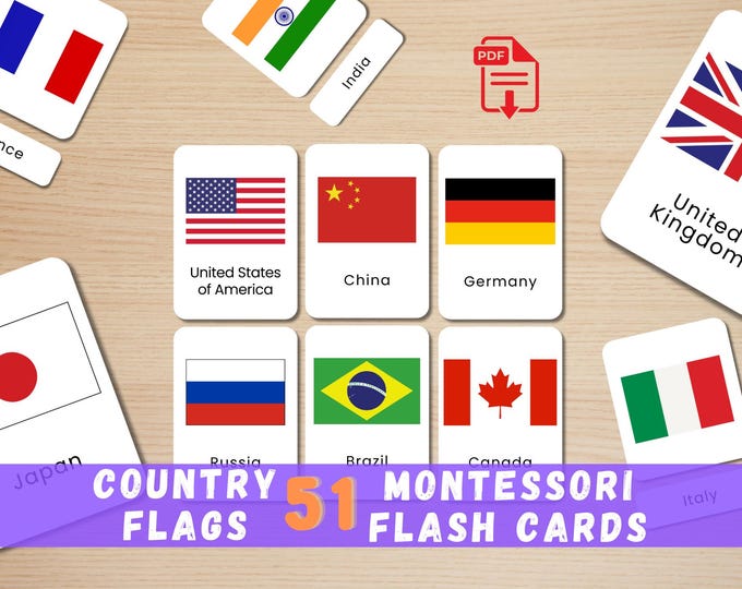 51 Country Flags Flash Cards: Montessori Preschool Printable (Instant Download)
