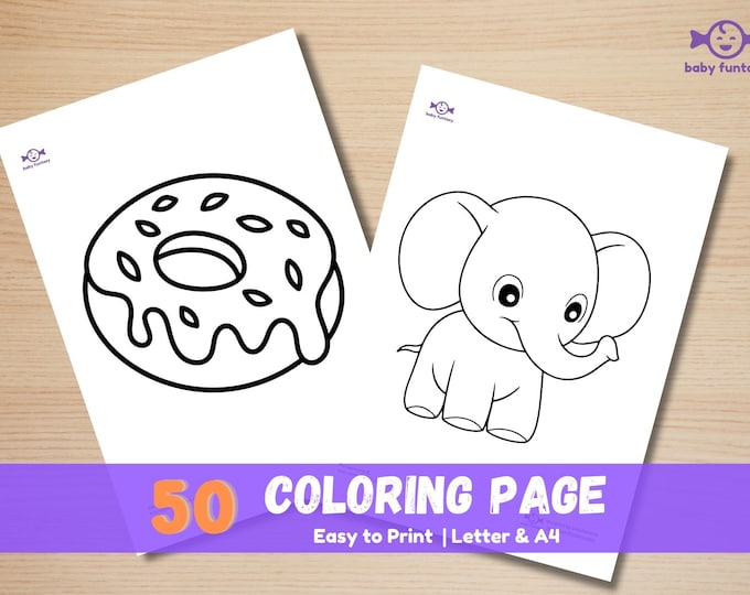 50 Animals & Fruits Coloring Pages: Simple Toddler Designs (Instant Download)