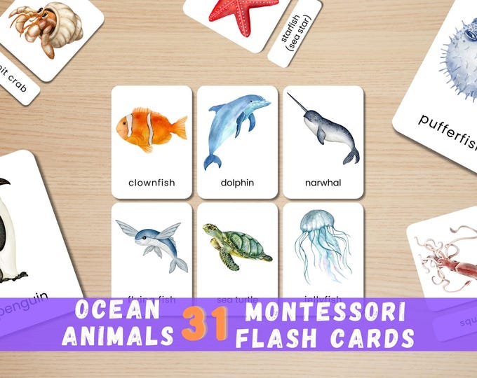 Ocean Animal Montessori Flashcards: Watercolor Learning Cards (Digital Download)