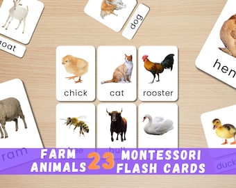 23 Farm Animals Flash Cards Montessori flash cards Preschool Cards Educational Printable Cards animal photos 3-parts card INSTANT DOWNLOAD