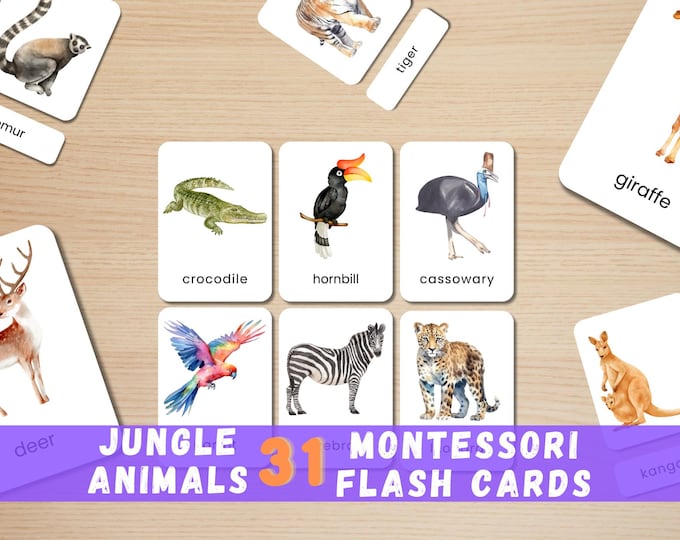 Jungle Animal Flashcards: Montessori Watercolor Art (Digital Download)