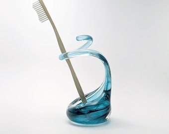 Dark Turquoise Transparent Glass Toothbrush Holder - Handmade on Request