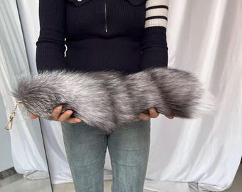 Colas de zorro de 45 cm, cola de terio disecada éticamente para cosplay: gris, con clip, llavero, colas reales.