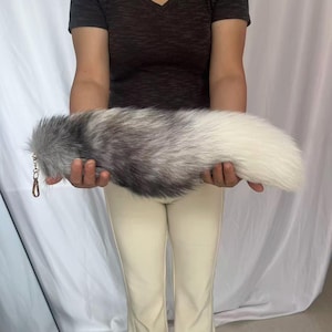 18" Fox Tails, Therian Tail cosplay: Gray White, Clip On, Keychain, Faux Tails