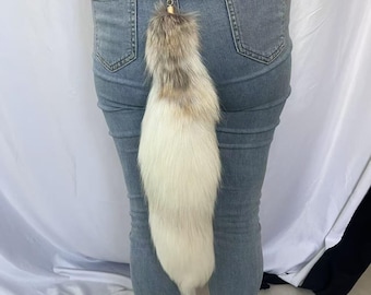 Fluffy Natural Fox Tail: White & Gray Cosplay Tail with Keychain (18&quot;)