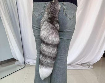 20“ Fox Tails, Ethical Taxidermy Therian Tail cosplay: Gray, Clip On, Keychain, Real Tails