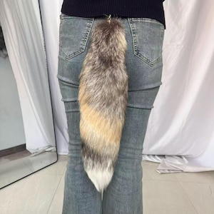 17" Therian Tails, cosplay z ogonem lisa w stylu etycznym taksydermii: szaro-złoty, klips, brelok, prawdziwe ogony