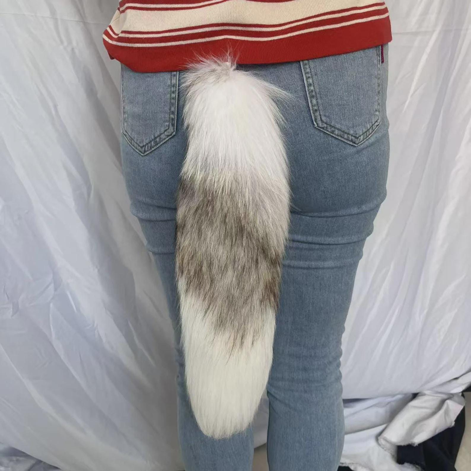 16" Natural Fox Tail: White Gray Cosplay Costume Bag Charm Keychain Halloween Costume Tails