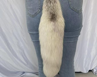 17&quot; Natural Cosplay Fox Tail: Gray & White, Keychain Bag Charms, Halloween Costume