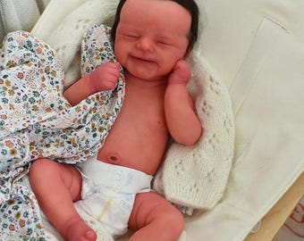 Smiling Sleeping Reborn Baby Boy Doll 19 Inch, Handmade Lifelike Newborn Boy, Realistic Rooted Dark Hair, Weighted Baby Doll
