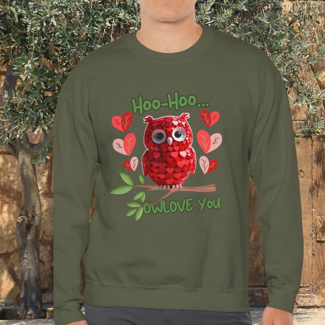Valentine Red Hearts Owl on Branch Sweatshirt (Hoo-hoo, Owlove You)