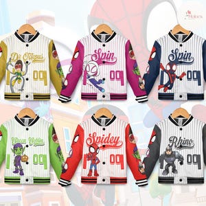 May include: A collection of baseball-style jackets featuring various Spider-Man characters. Each jacket has a white body with vertical stripes, character names, and the number "09". Sleeves are in different colors, with character graphics.