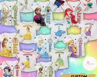 Personalized Anna Elsa Frozen Baseball Jersey, Belle Cinderella Baseball Shirt, Ariel Aurora Jersey Team, Custom Name Princess Baseball