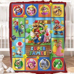 Couverture personnalisée Super Mario, couverture en polaire Super Mario avec nom personnalisé pour fête d'anniversaire, cadeau d'anniversaire pour garçon/fille Mario Lovers, décoration d'intérieur