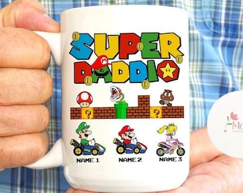 Personalized Super Mario Dad Mom Mug, Super Daddio Super Mommio Mug, Custom Kids Name Father's Day Mug, Mother's Day Gift, Gamer Daddy Cup