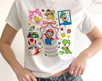 Coquette Bow Super Mario Baby Tee Crop Top, Mario Luigi Princess Peach Birthday Girl, Mario Birthday Boy, Mario Bros Family Group Matching