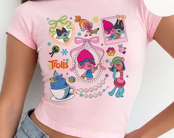 Coquette Bows Trolls Baby Tee Crop Top, Trolls Band Together Princess Queen Poppy Birthday Girl, Birthday Boy, Trolls Family Group Matching