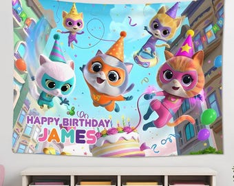 Personalized Disney SuperKitties Birthday Wall Tapestries, Super Kitties Ginny Sparks Buddy Bitsy Birthday Backdrop, Cat Lovers Banner Decor