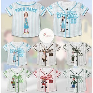 May include: Baseball jerseys with pinstripes in white, with various names and character illustrations. Each jersey has a number "00" on the front. The jerseys have different color accents, including blue, brown, red, and green.