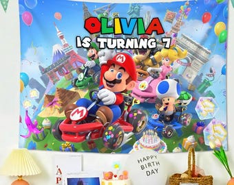 Personalized Super Mario Wall Tapestries, Super Mario Birthday Party Backdrop, Birthday Boy, Birthday Girl Banner, Mario Lovers Home Decor