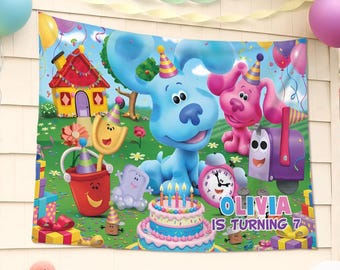 Personalized Blues Clues Birthday Wall Tapestries, TV Show Blue Dog Birthday Party Backdrop, Birthday Boy, Birthday Girl Banner Home Decor