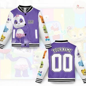 May include: A purple and white varsity jacket featuring a panda character with the name "LULU" on the front. The sleeves have cartoon animal designs. The back of the jacket has "YOUR NAME" and the number "00".