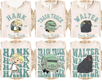 Camiseta de camión de basura de dos caras con todos los personajes, Hank, camión de basura para niño, fiesta de cumpleaños, cumpleañera, grupo familiar de camiones de basura a juego