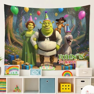 May include: A tapestry depicting Shrek, Fiona, Donkey, and Puss in Boots at a birthday party. The image includes balloons, party hats, and a cake with candles. The text "John's 7th Birth" is displayed.