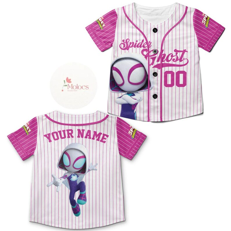 May include: White baseball jersey with pink stripes and a pink trim. The front of the jersey features a cartoon image of Spider-Gwen with the text "Spider Ghost 00". The back of the jersey has the text "YOUR NAME" and a cartoon image of Spider-Gwen.