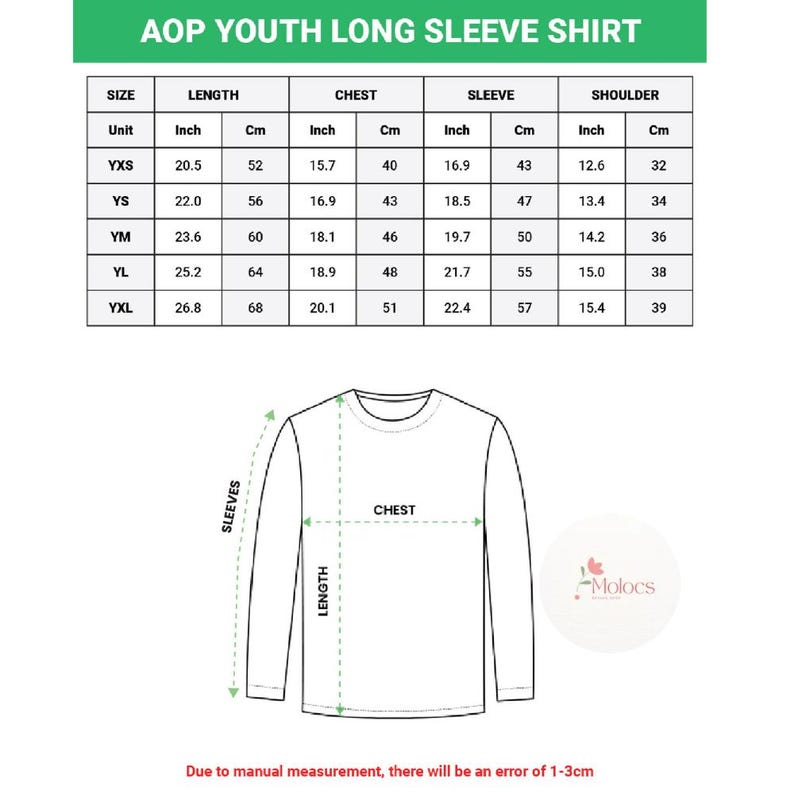 Puede incluir: Diagrama de una camiseta de manga larga juvenil con una tabla de tallas. La tabla muestra medidas en pulgadas y cent&iacute;metros para largo, pecho, manga y hombro. El texto "AOP YOUTH LONG SLEEVE SHIRT" est&aacute; en la parte superior.