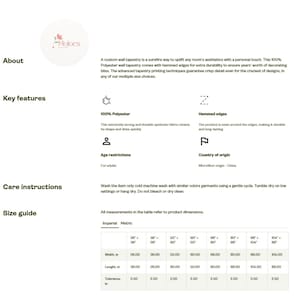 Peut inclure: Feuille d'informations sur le produit blanc avec le logo Molocs. La feuille d&eacute;taille une tapisserie murale personnalis&eacute;e en 100% polyester avec des bords ourl&eacute;s. Elle comprend des instructions d'entretien et un guide des tailles avec des mesures en cm.
