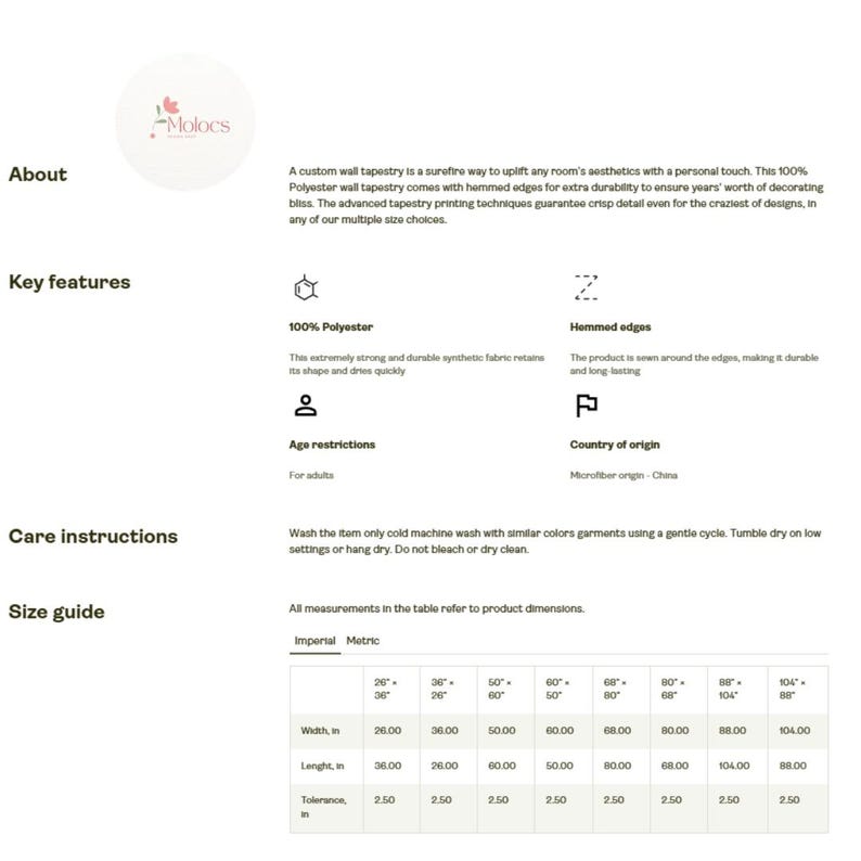 Peut inclure: Feuille d'informations sur le produit blanc avec le logo Molocs. La feuille d&eacute;taille une tapisserie murale personnalis&eacute;e en 100% polyester avec des bords ourl&eacute;s. Elle comprend des instructions d'entretien et un guide des tailles avec des mesures en cm.