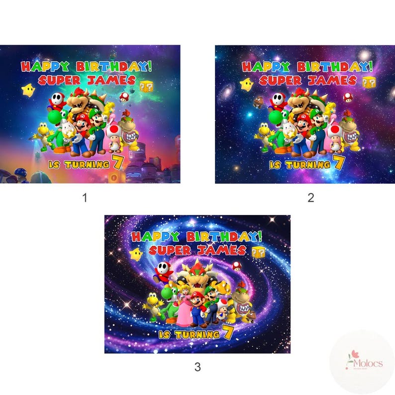 Peut inclure: Trois cartes d'anniversaire avec des personnages de Super Mario. Chaque carte porte l'inscription "HAPPY BIRTHDAY! SUPER JAMES" et "IS TURNING 7". Les arri&egrave;re-plans varient, avec une vue sur une ville et deux sur le th&egrave;me de l'espace.