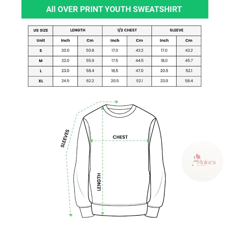 Puede incluir: Diagrama de medidas para una sudadera juvenil, con tallas de la S a la XL. Se proporcionan medidas de largo, medio pecho y manga en pulgadas y cent&iacute;metros. El texto "All OVER PRINT YOUTH SWEATSHIRT" est&aacute; en la parte superior.