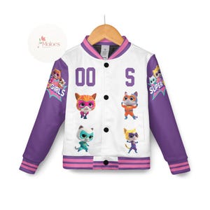 May include: White and purple baseball jacket with a white front and purple sleeves. The front features a white and purple "00" and "S" on the chest, and images of cartoon cats in superhero costumes. The sleeves feature the words "Super Girls" and "Super" with a star.