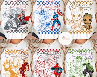 All Characters Checkered Disney Marvel Avengers Shirt, Spiderman Iron Man Signature Birthday Boy Birthday Girl, Marvel Family Group Matching