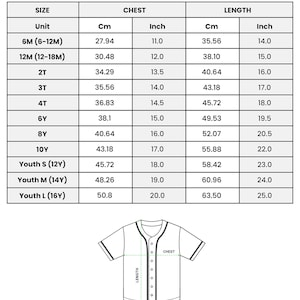 May include: Size chart for kids and youth baseball jerseys. The chart shows sizes from 6 months to youth large (16 years) with measurements in inches and centimeters for chest and length.