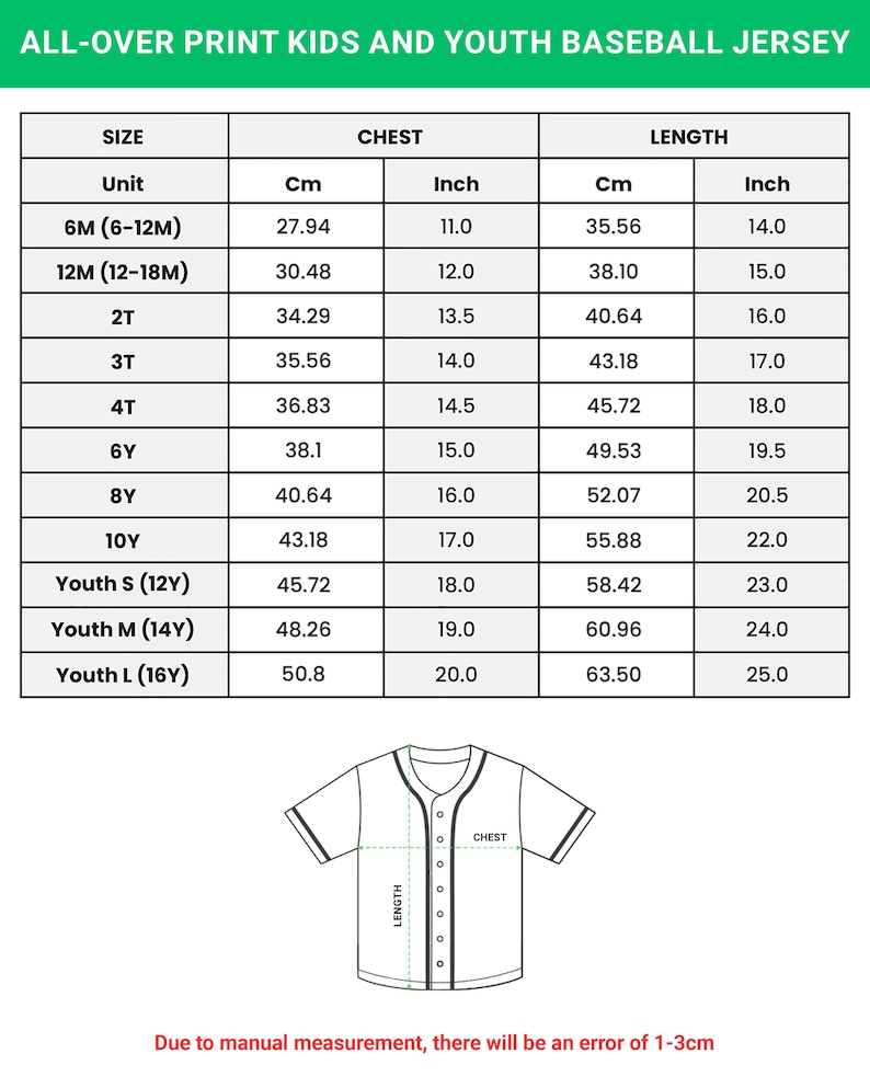 May include: Size chart for kids and youth baseball jerseys. The chart shows sizes from 6 months to youth large (16 years) with measurements in inches and centimeters for chest and length.