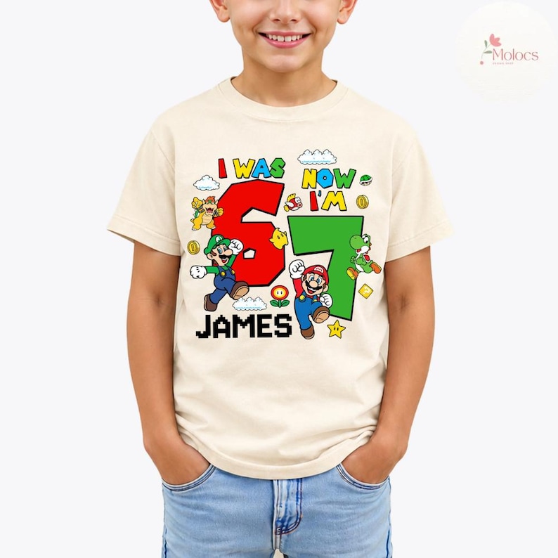 Personalized Super Mario Birthday Shirt, I Was 6 Now I'm 7 Mario Galaxy, Mario Luigi Princess Peach Birthday Girl, Birthday Boy 6 Turning 7 bild 1