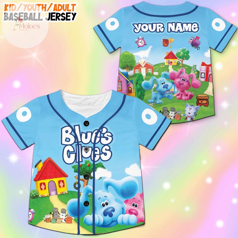 May include: Light blue baseball jersey featuring the phrase "Blue's Clues" on the front and a cartoon scene with Blue and Pinkie. The back of the jersey has the text "YOUR NAME" above a cartoon scene. The jersey is designed for kids, youth, and adults.