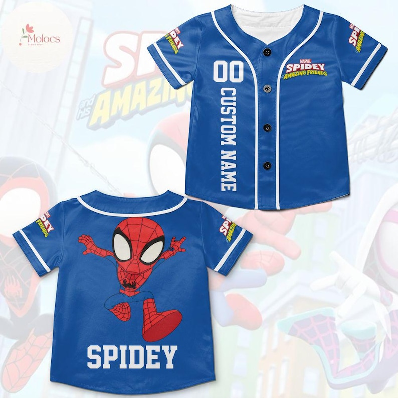 May include: Blue baseball jersey with a red and black Spider-Man character on the front and the text "SPIDEY" below. The back of the jersey has the text "SPIDEY AMAZING FRIENDS" and "CUSTOM NAME" with the number "00" above.